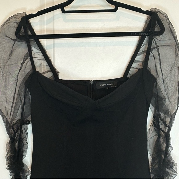 L'VOW Women Black Sheer Puff Long Sleeve Body Con Mini Dress XXL - Picture 3 of 9